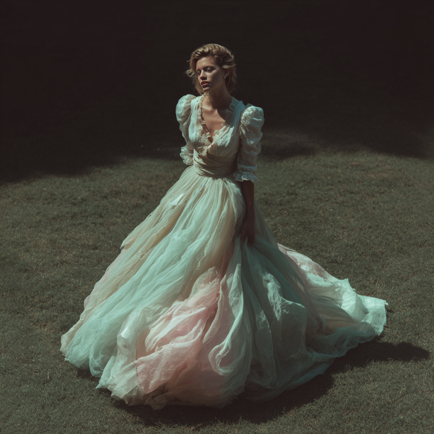 Une femme dans une robe de mariée pastel | Source : Midjourney