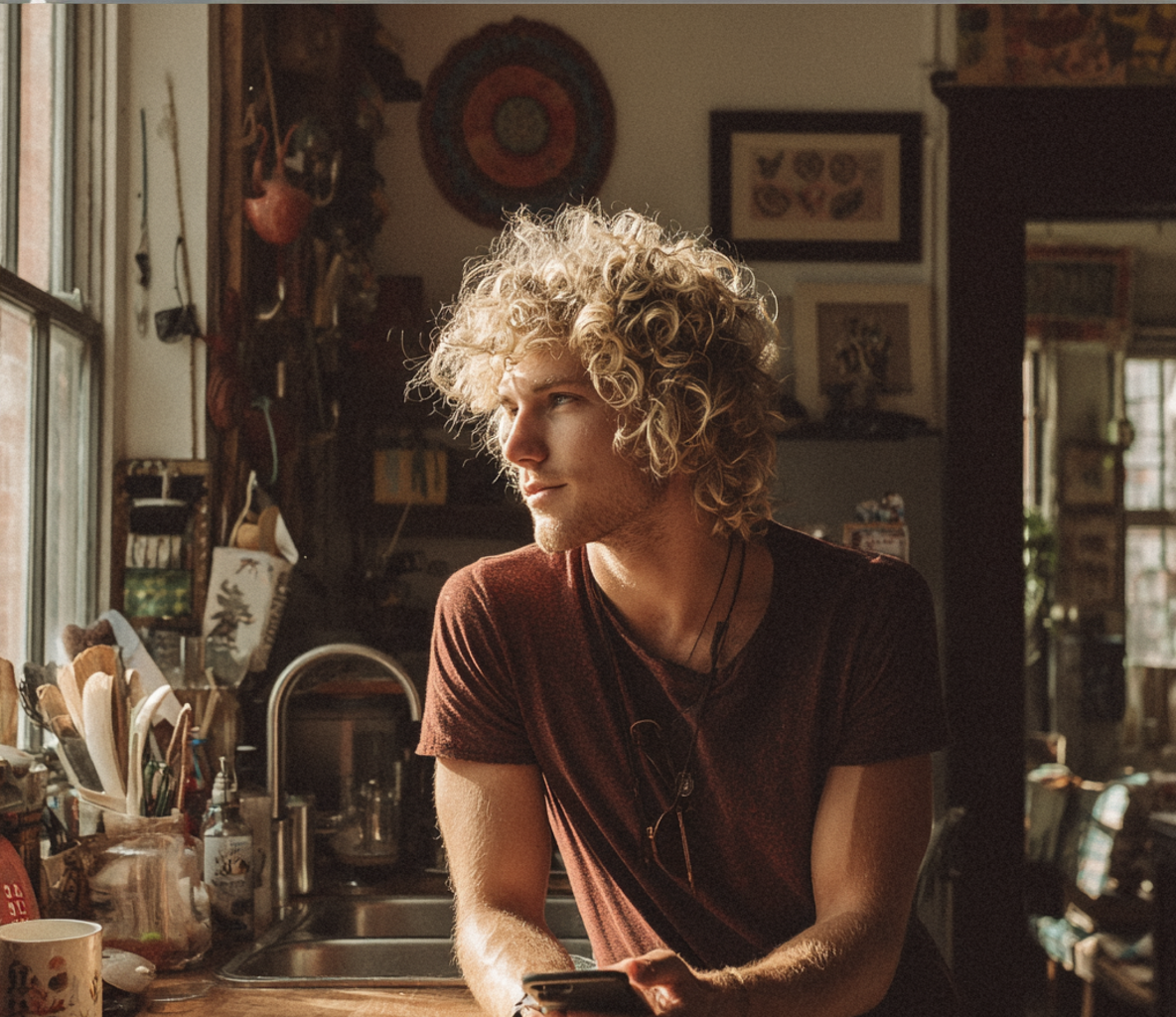 Un homme appuyé à un comptoir avec son téléphone | Source : Midjourney