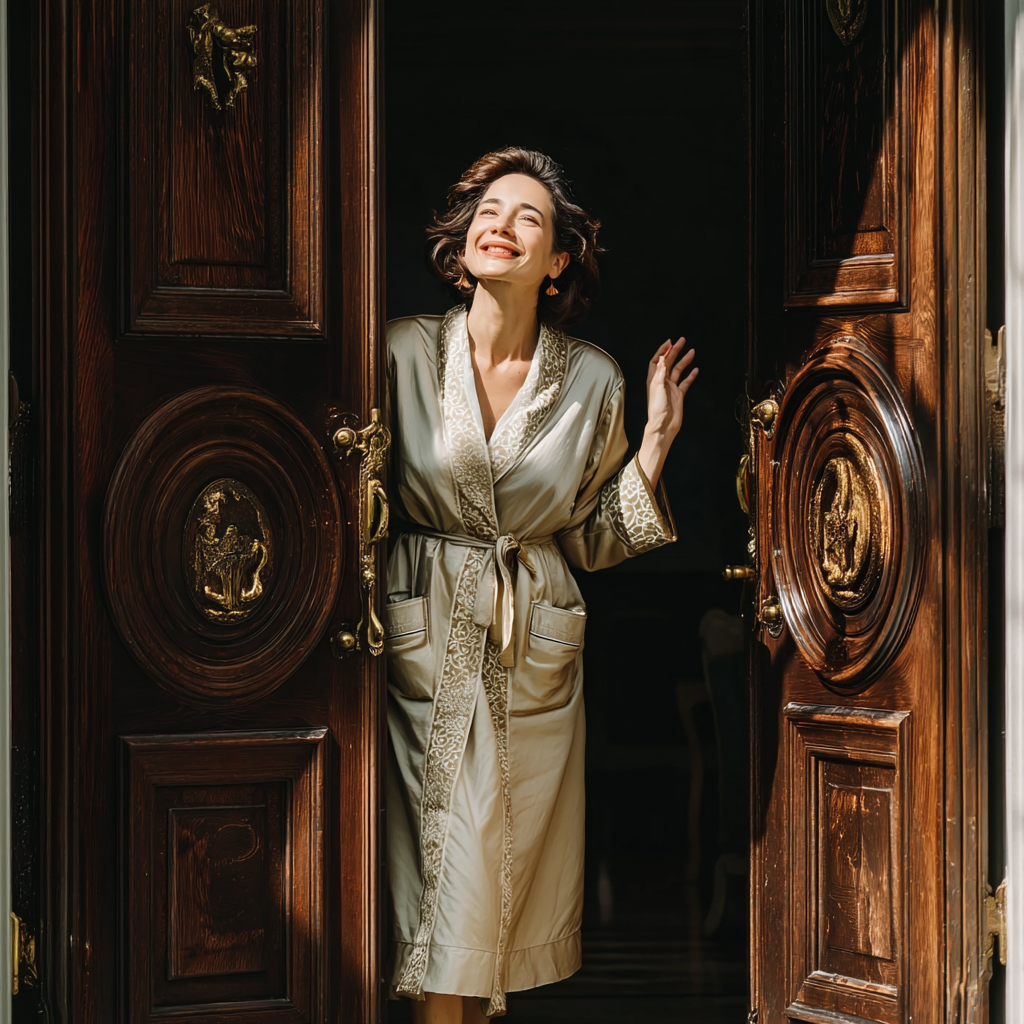 Une femme heureuse et riche discutant avec quelqu'un devant sa porte d'entrée | Source : Midjourney