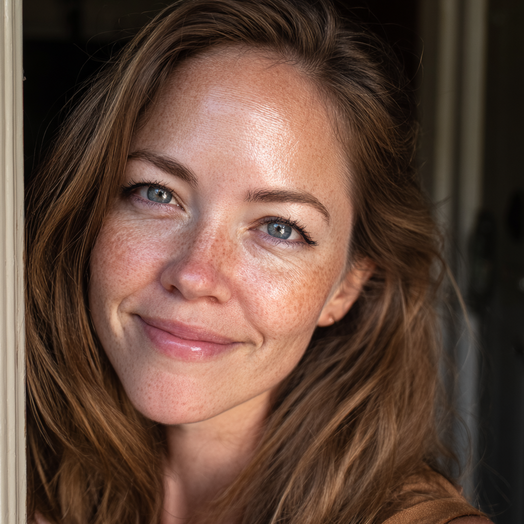 Une femme souriante devant sa porte d'entrée | Source : Midjourney