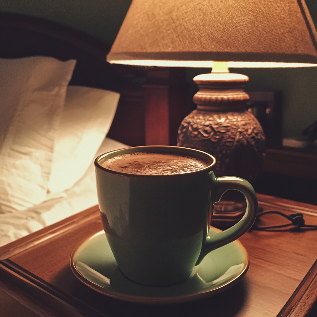 Un mug de chocolat chaud sur une table de chevet | Source : Midjourney
