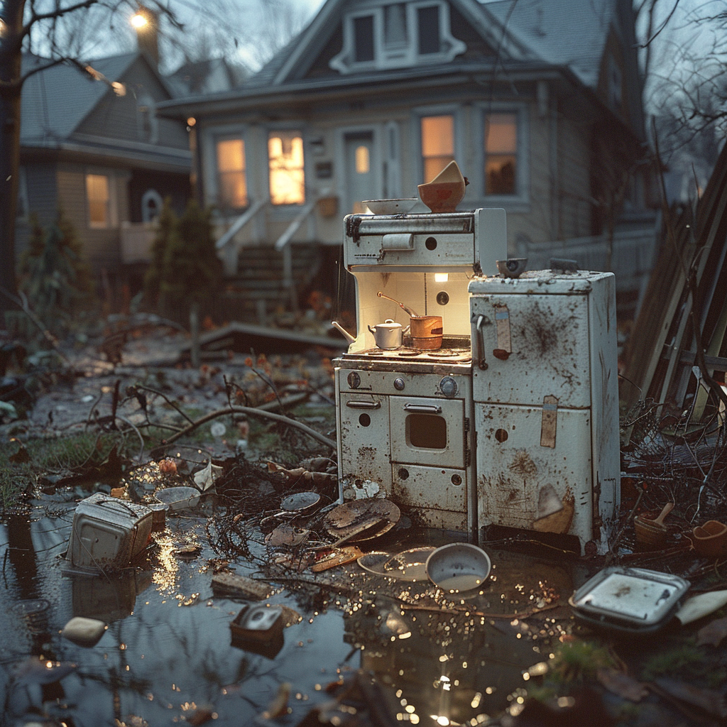 Une petite cuisine semi-fonctionnelle gît en ruine dans la cour après une tempête de pluie | Source : Midjourney