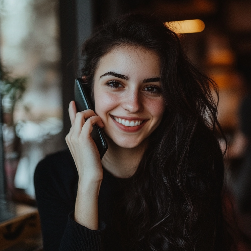 Une femme sourit au téléphone. | Source : Midjourney