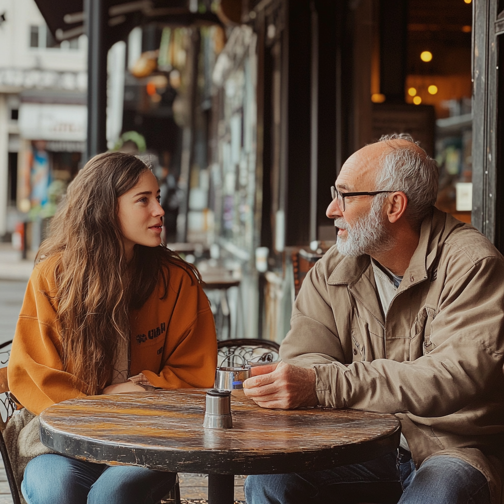 Un homme âgé et une jeune femme en pleine conversation | Source : Midjourney