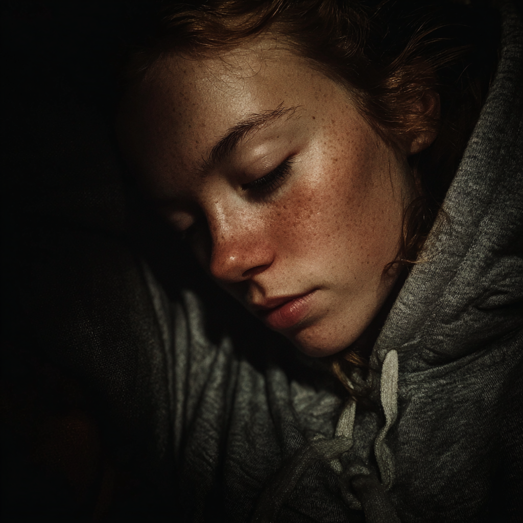Gros plan sur une femme épuisée portant un sweat à capuche gris | Source : Midjourney