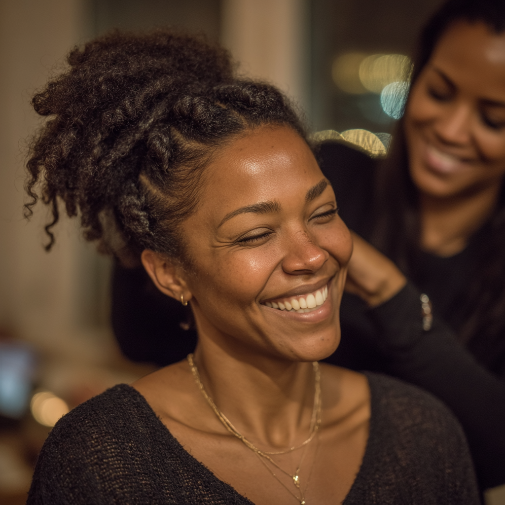 Une femme heureuse qui se fait coiffer | Source : Midjourney