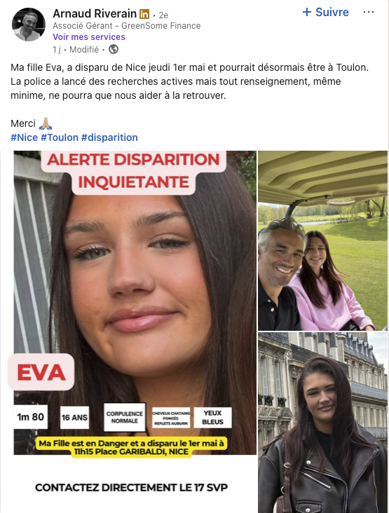 Capture d'écran de l'avis de disparition d'Eva I Source : LinkedIn