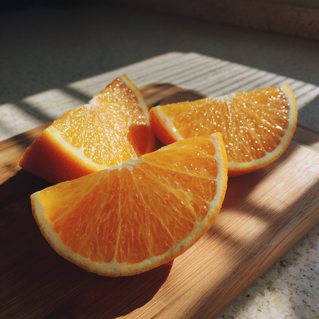 Tranches d'orange sur une planche en bois | Source : Midjourney