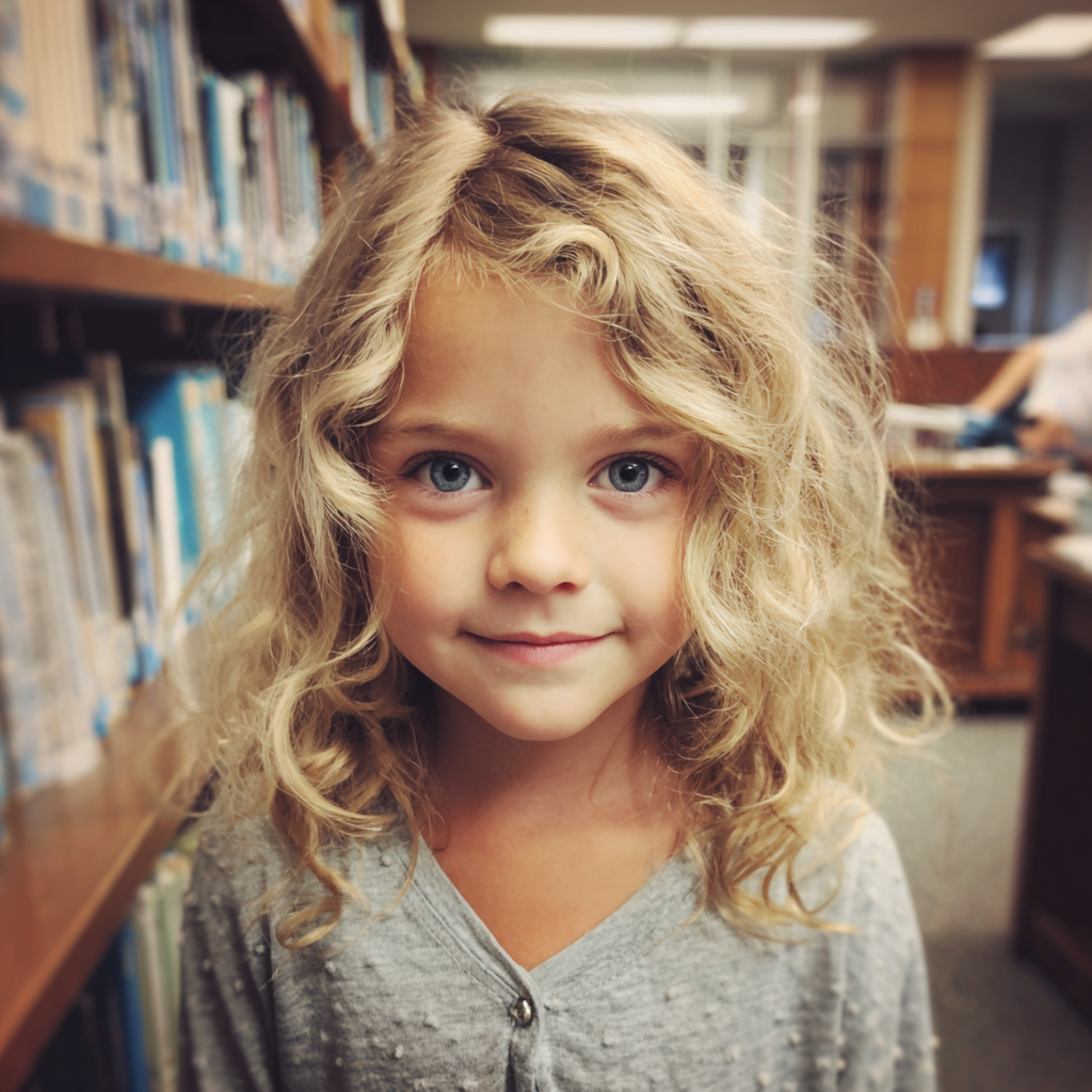 Une petite fille souriante dans une bibliothèque | Source : Midjourney