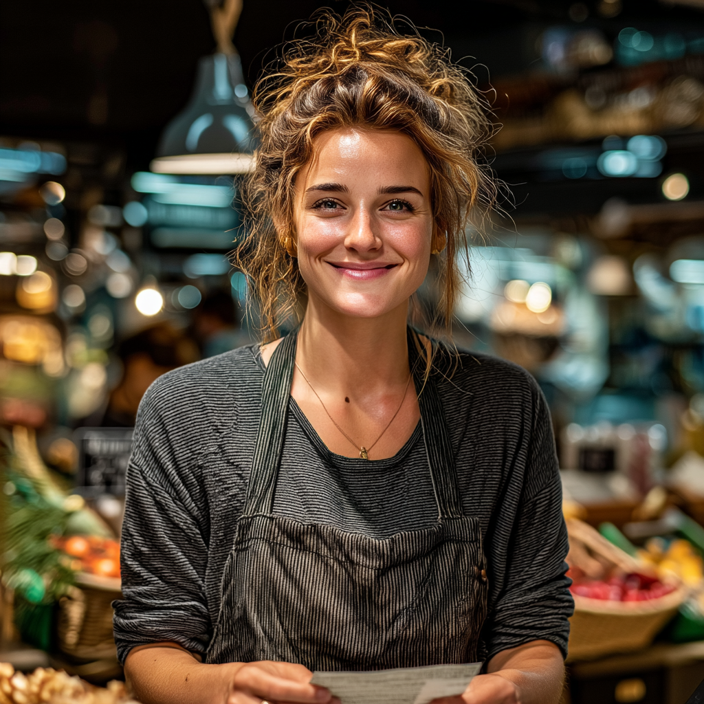 Une caissière heureuse qui tient quelque chose | Source : Midjourney