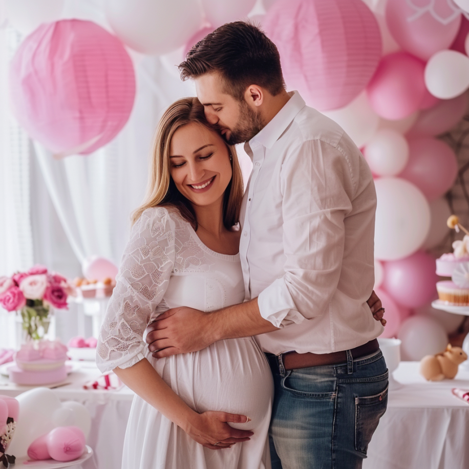 Un mari embrassant sa femme enceinte lors de leur fête prénatale | Source : Midjourney
