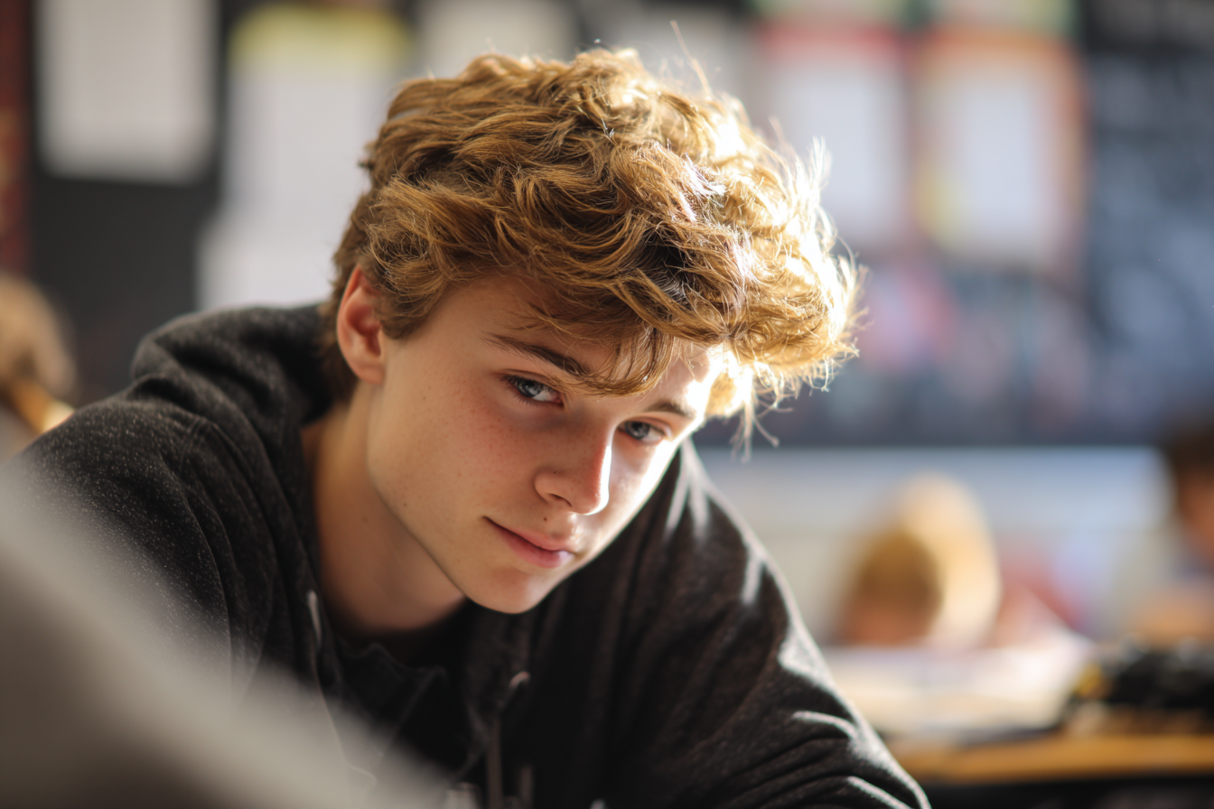 Un garçon assis dans une salle de classe, regardant vers le bas | Source : Midjourney
