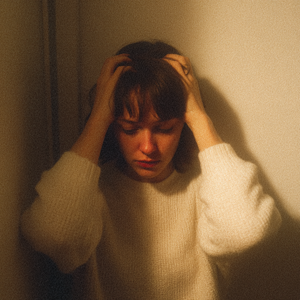 Une femme émotive debout, les mains dans les cheveux | Source : Midjourney