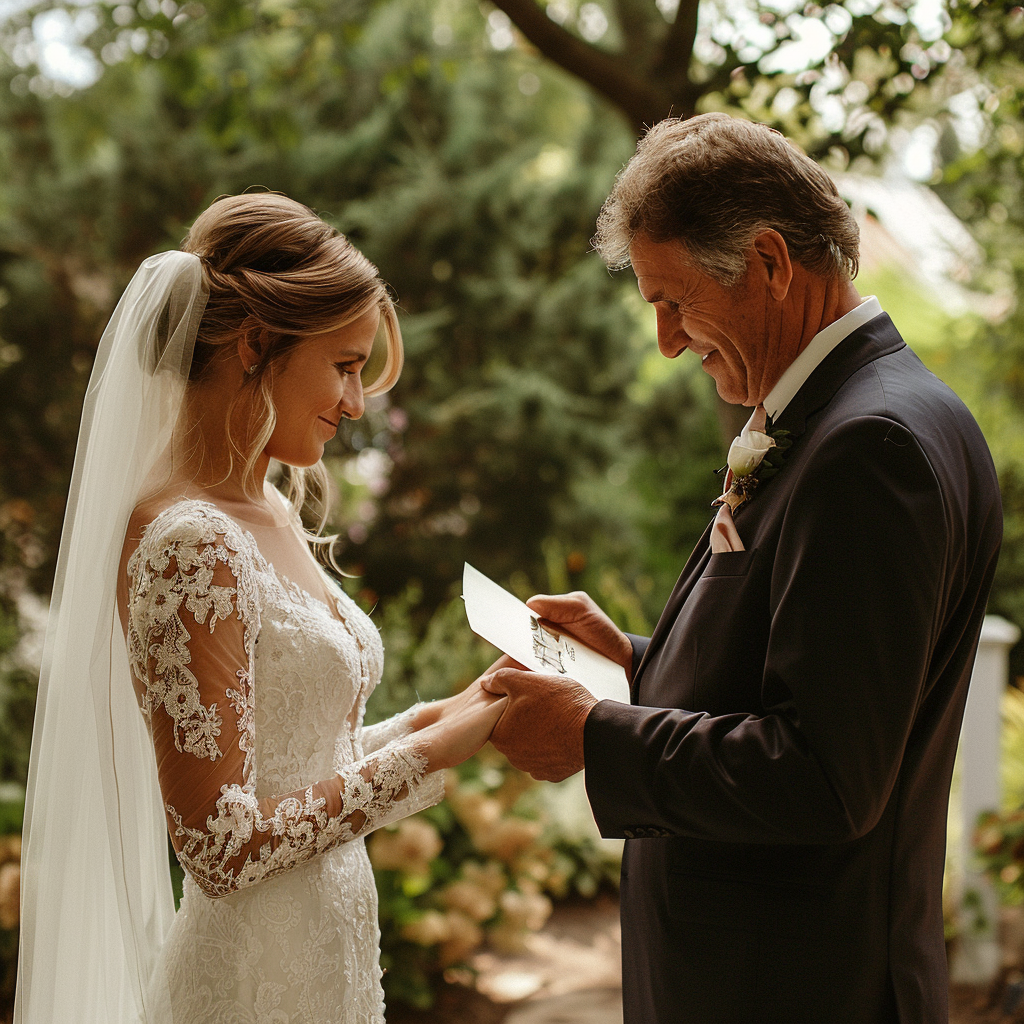 Un père offrant une enveloppe à sa fille le jour de son mariage | Source : Midjourney