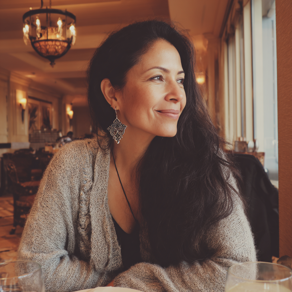 Une femme souriante assise à une table | Source : Midjourney