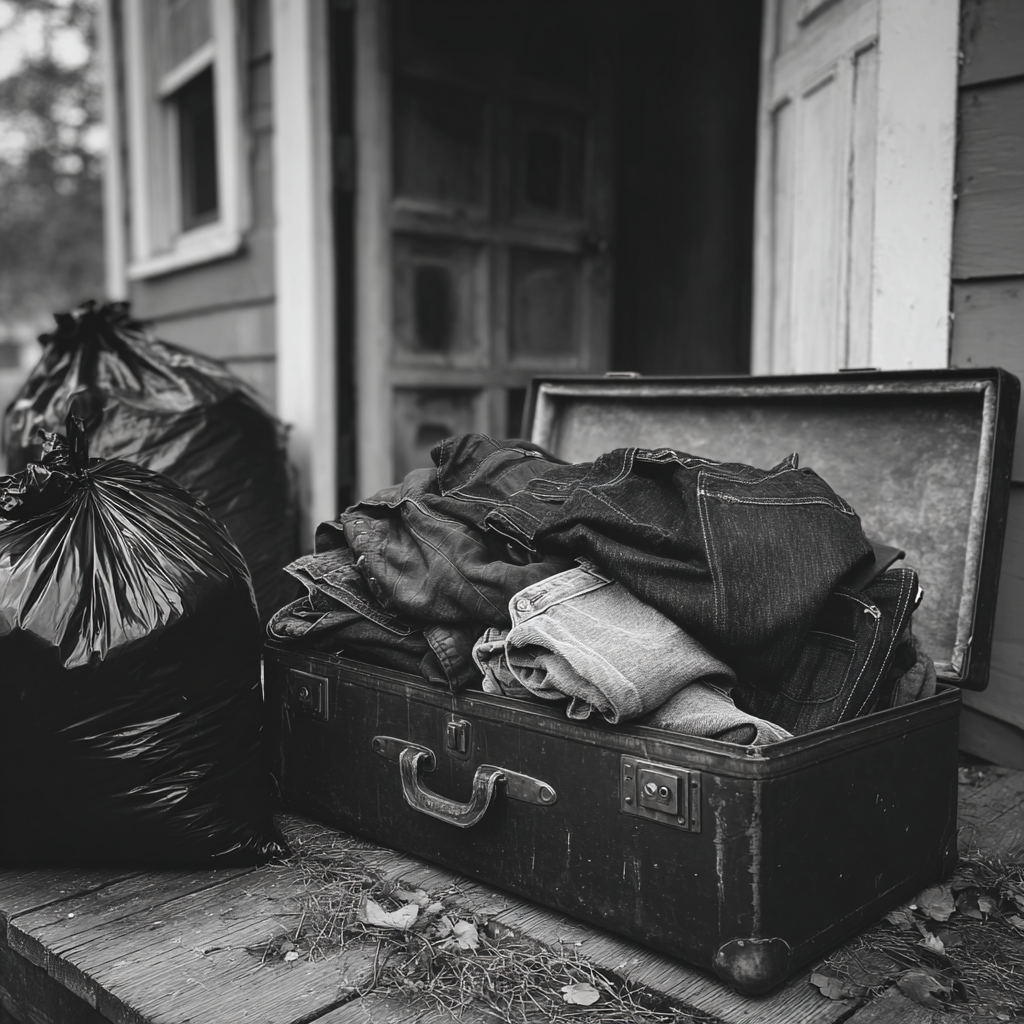 Des sacs-poubelles et une valise sous un porche | Source : Midjourney