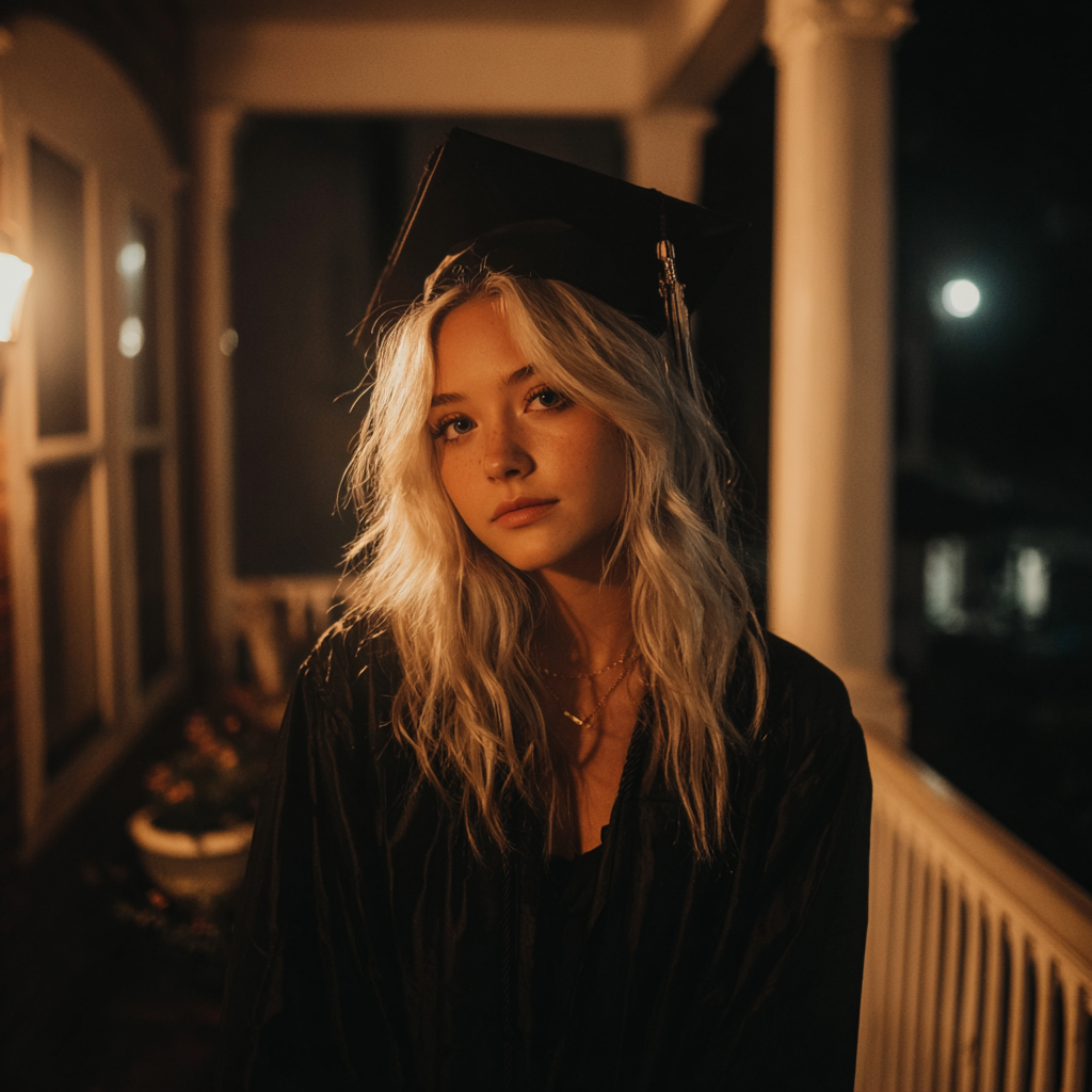 Une adolescente debout sous un porche dans sa tenue de remise des diplômes | Source : Midjourney