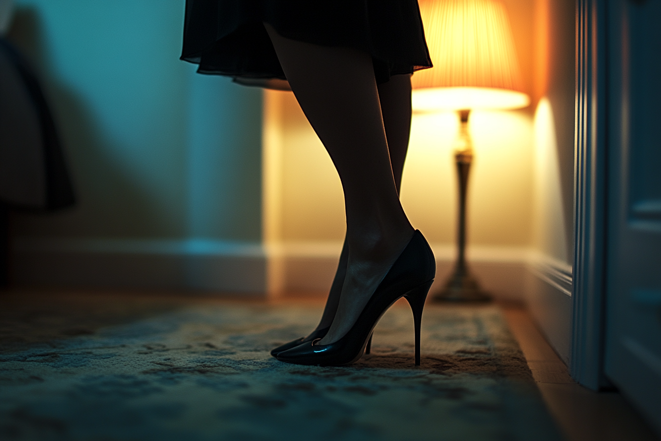 Une femme portant des talons se tient dans l'embrasure de la porte | Source : Midjourney