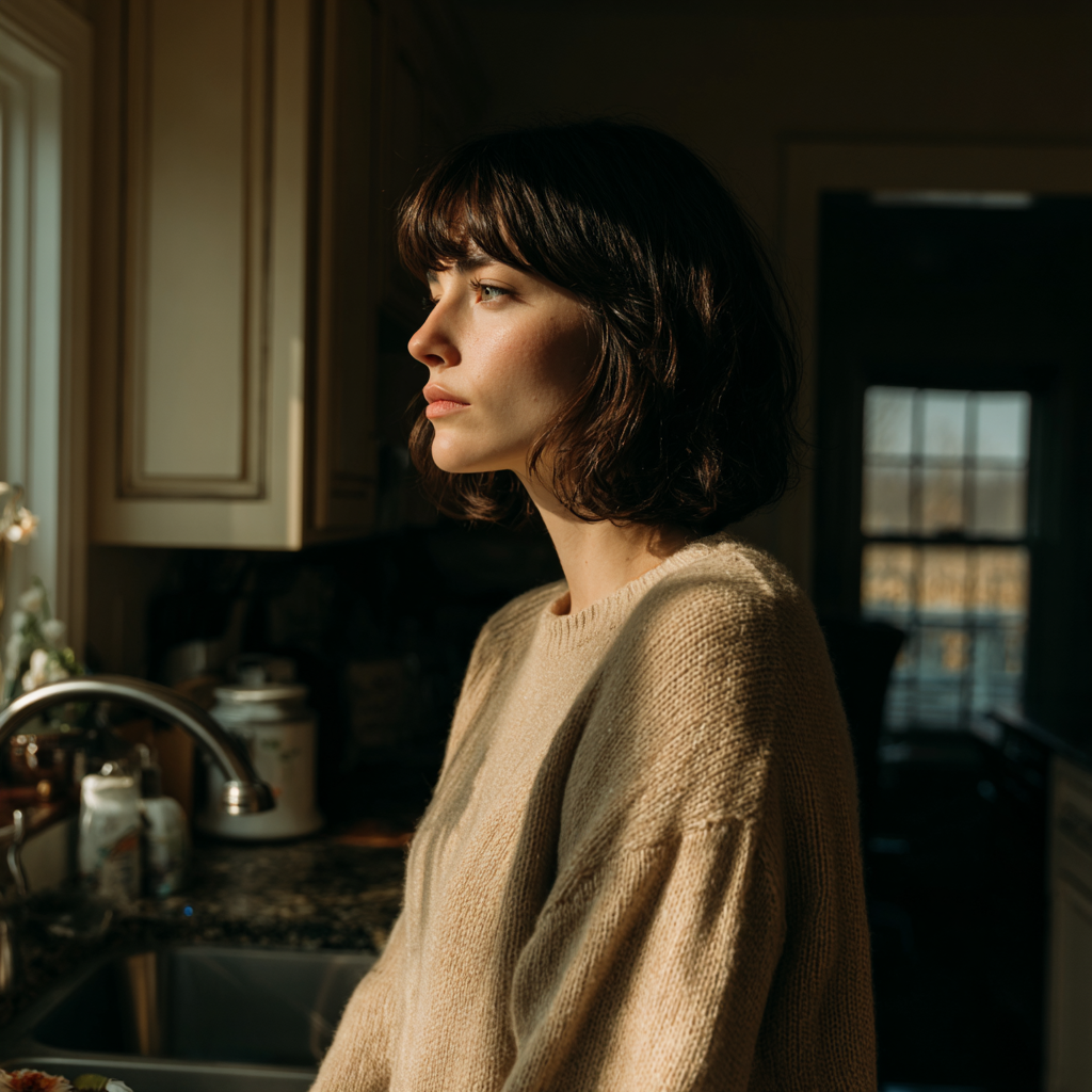 Une femme pensive debout dans une cuisine | Source : Midjourney