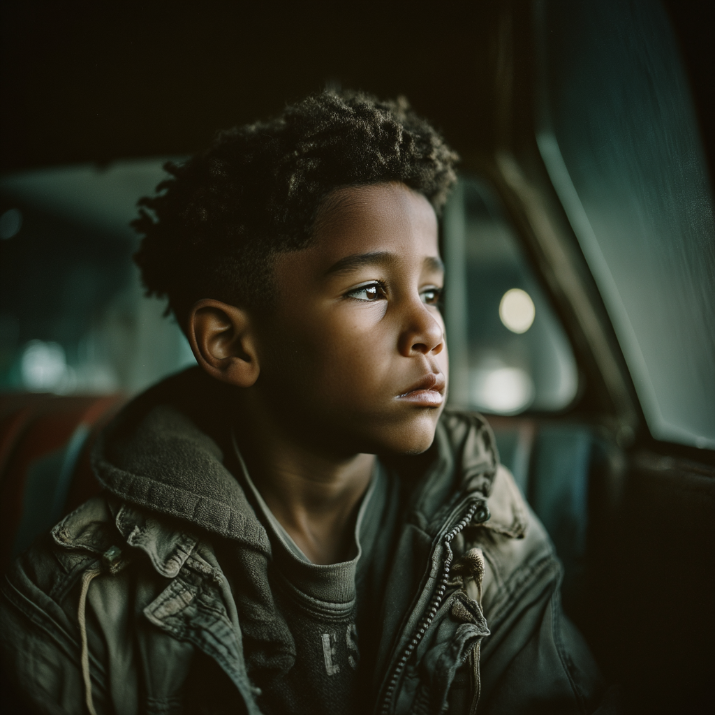 Un enfant qui regarde par la fenêtre sur la banquette arrière d'une voiture | Source : Midjourney