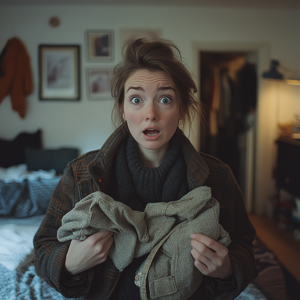 Une femme choquée tenant un manteau | Source : Midjourney