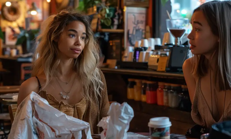 Deux femmes dans un café, l'une tenant un vieux vêtement | Source : Midjourney