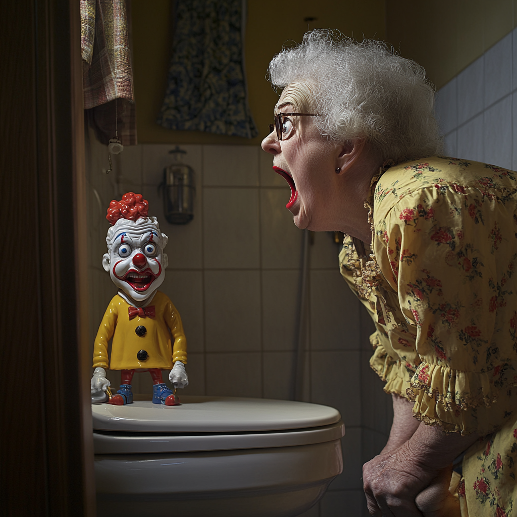 Laura hurle à la vue d'un clown dans la salle de bain | Source : Midjourney