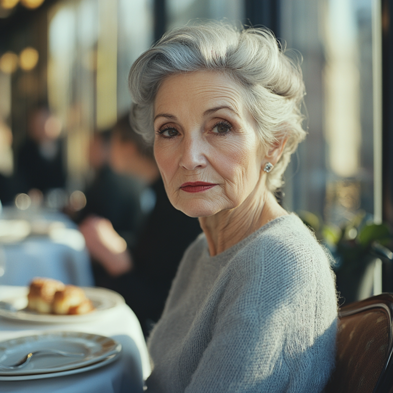 Une femme âgée assise pour le déjeuner | Source : Midjourney