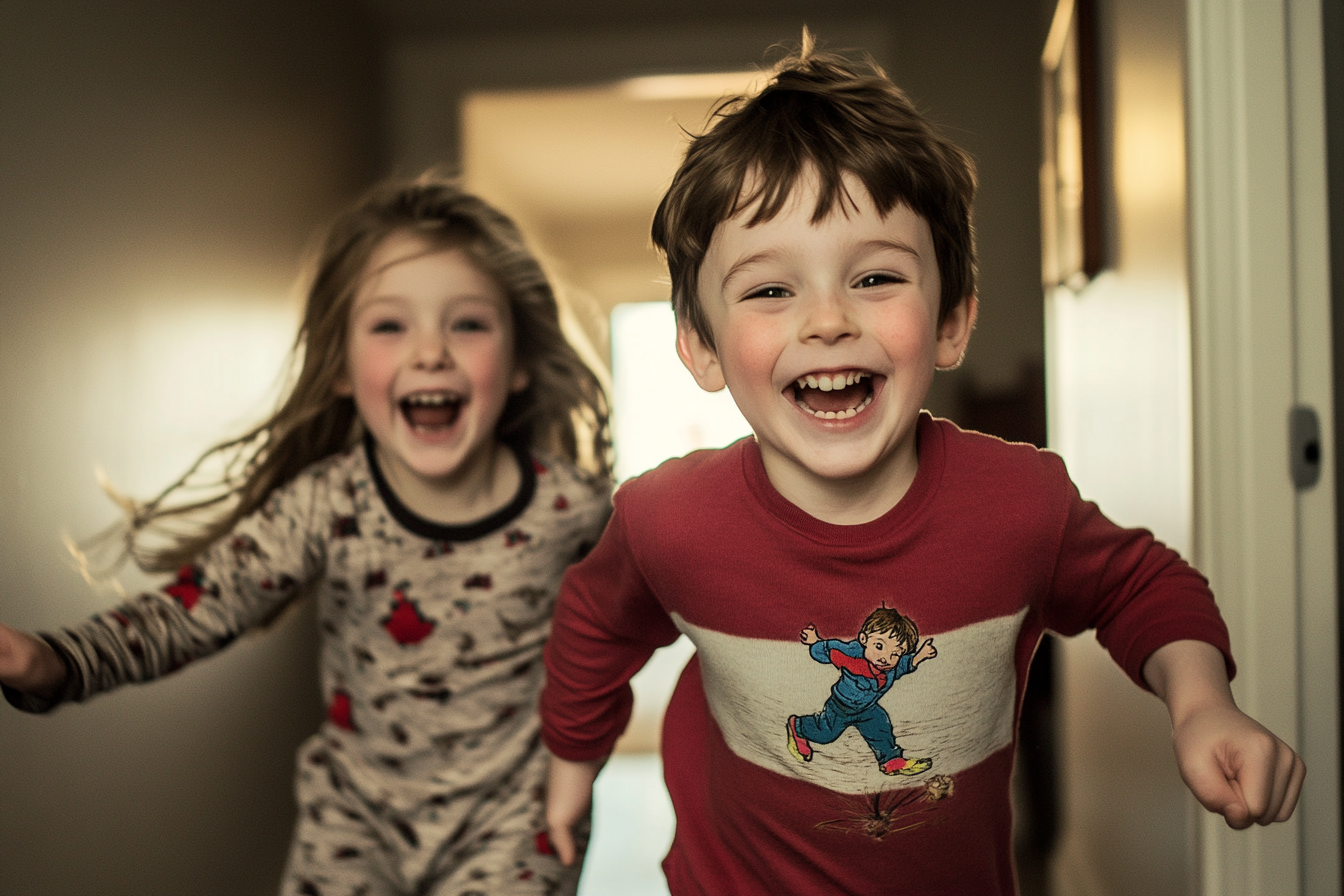 Deux enfants excités qui courent dans un couloir | Source : Midjourney