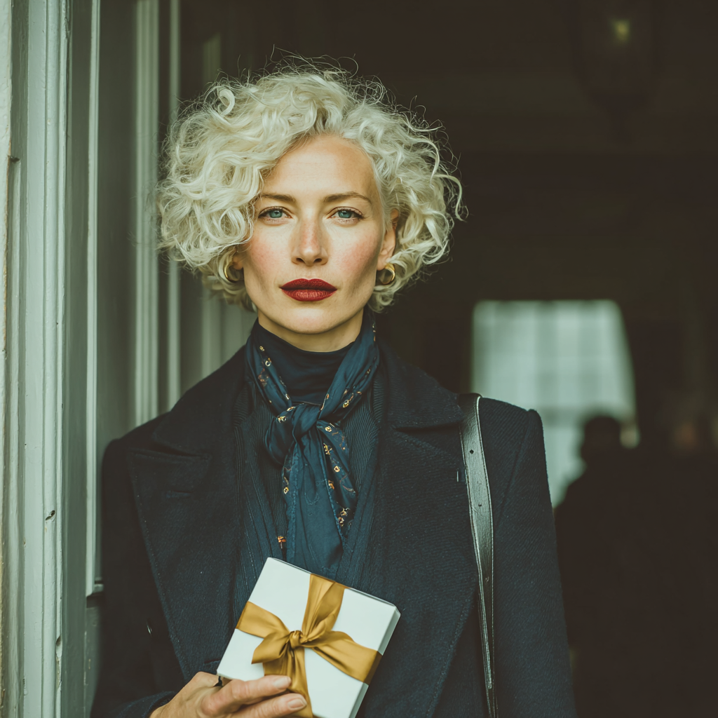 Une femme riche tenant une boîte | Source : Midjourney