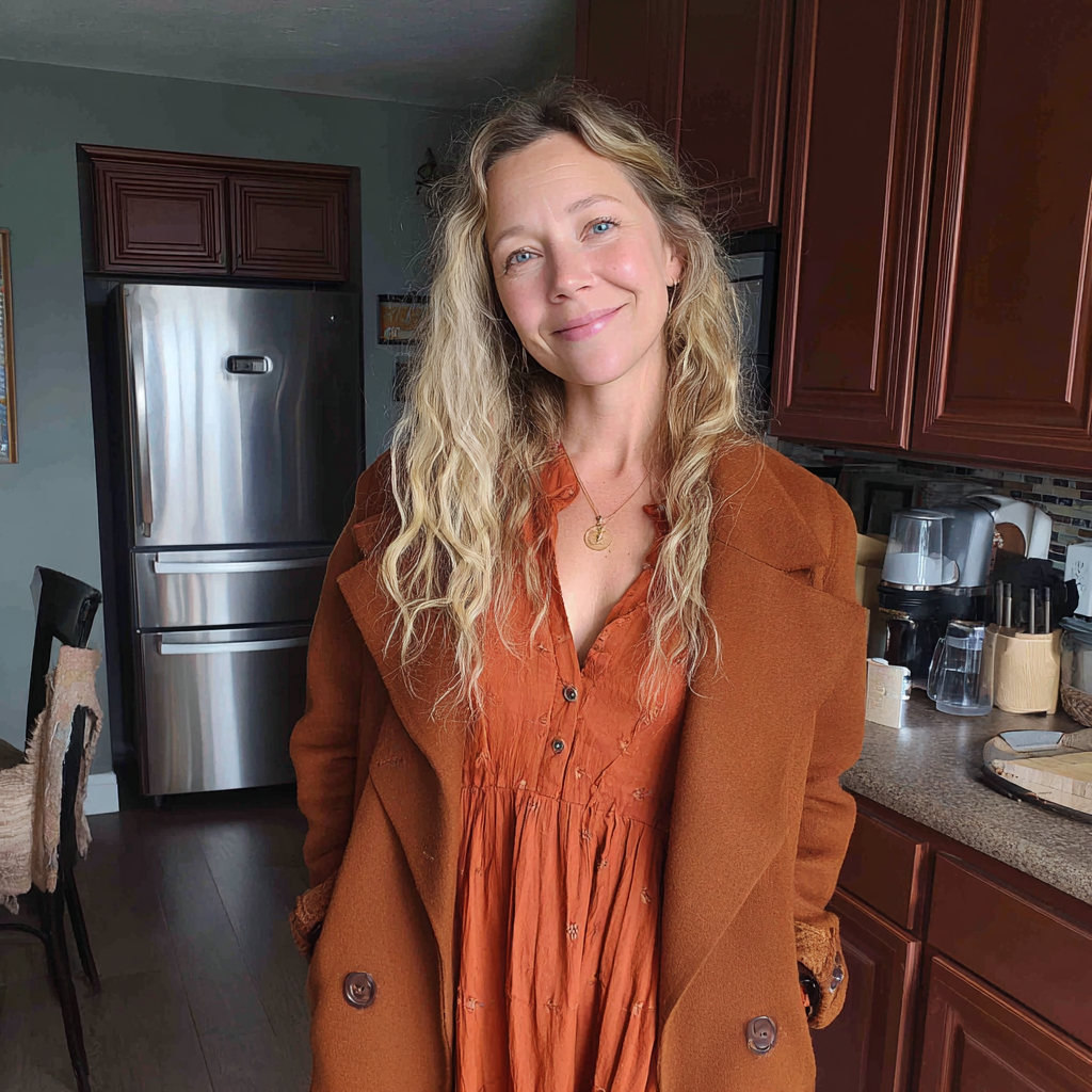 Une femme souriante debout dans une cuisine | Source : Midjourney