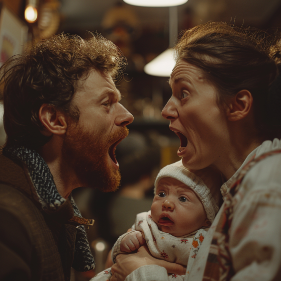 Un homme criant à une femme choquée tenant un bébé | Source : Midjourney
