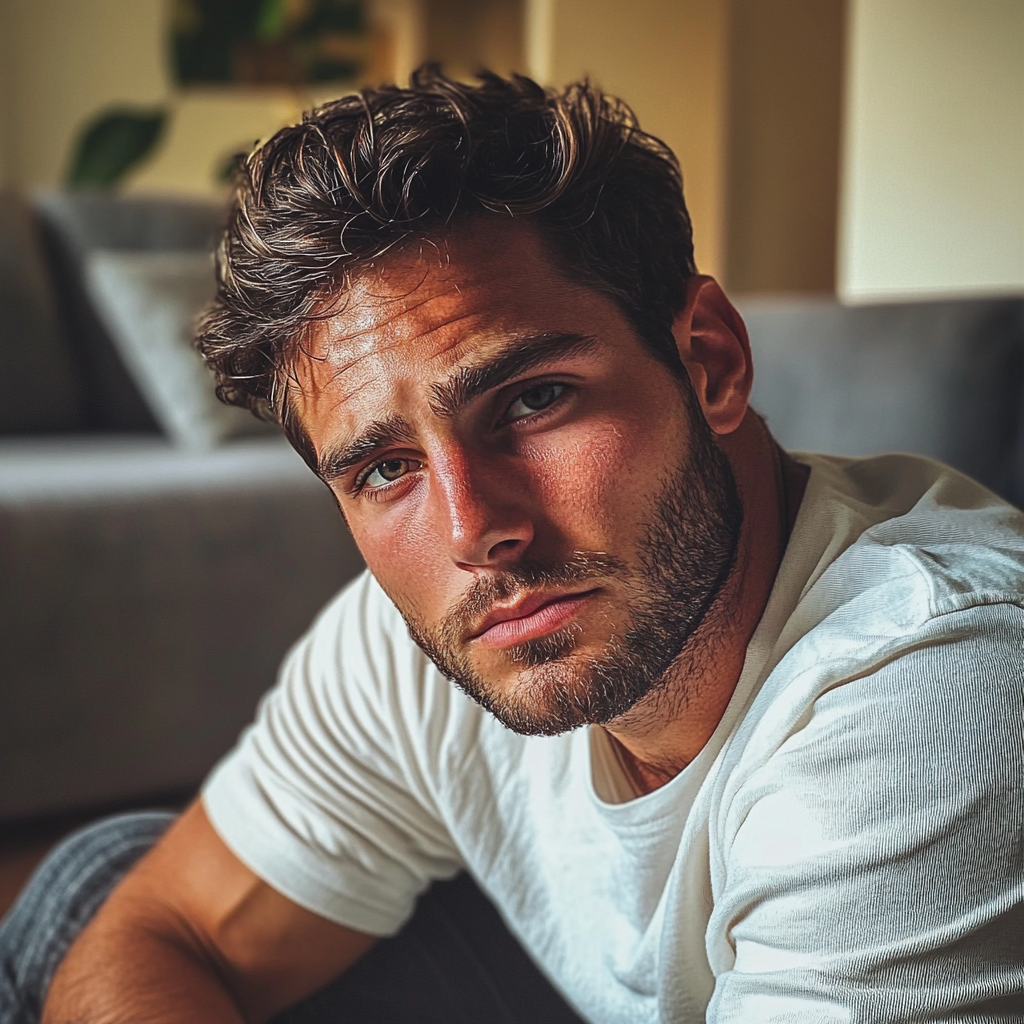 Un homme sérieux discutant sur son canapé | Source : Midjourney