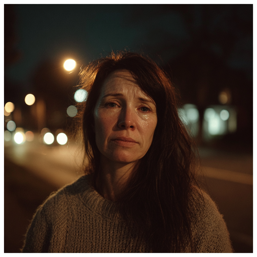 Une femme émotive debout dans la rue | Source : Midjourney