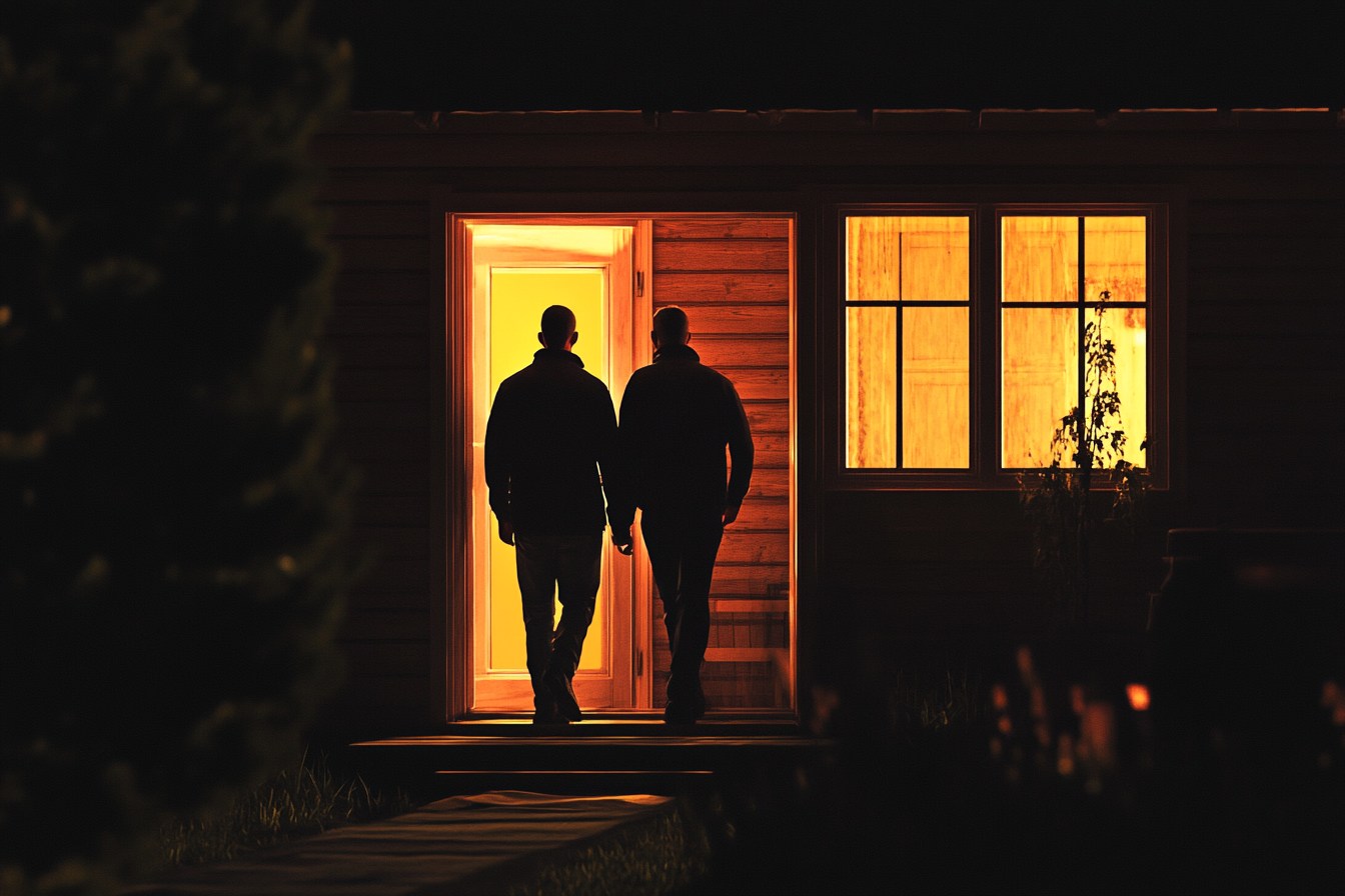 Des silhouettes de deux hommes entrant dans une maison | Source : Midjourney