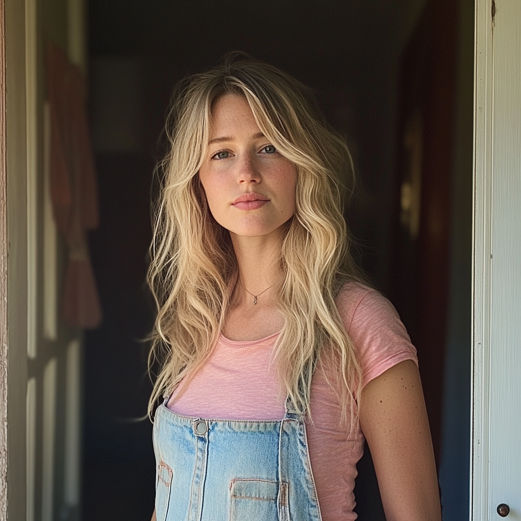 Une femme pensive debout dans l'embrasure d'une porte | Source : Midjourney