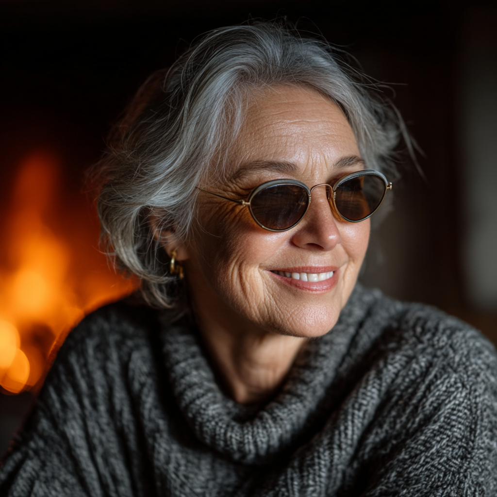 Une femme heureuse assise devant une cheminée | Source : Midjourney