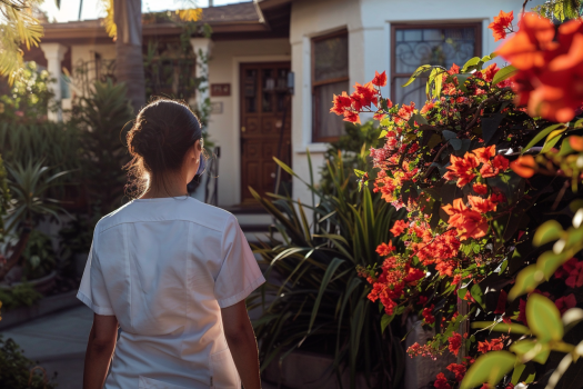Une jeune infirmière devant une maison | Source : AmoMama