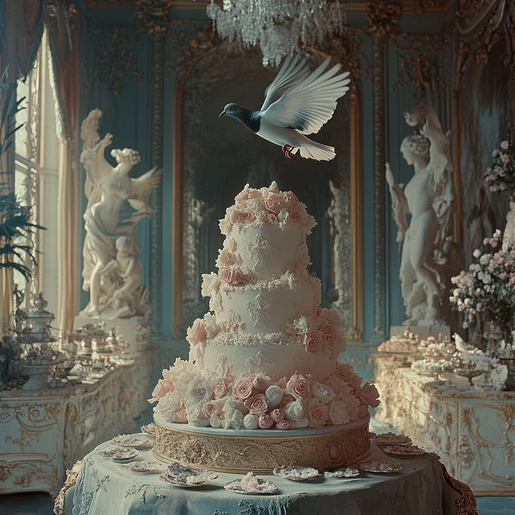 Un pigeon volant au-dessus d'un gâteau | Source : Midjourney