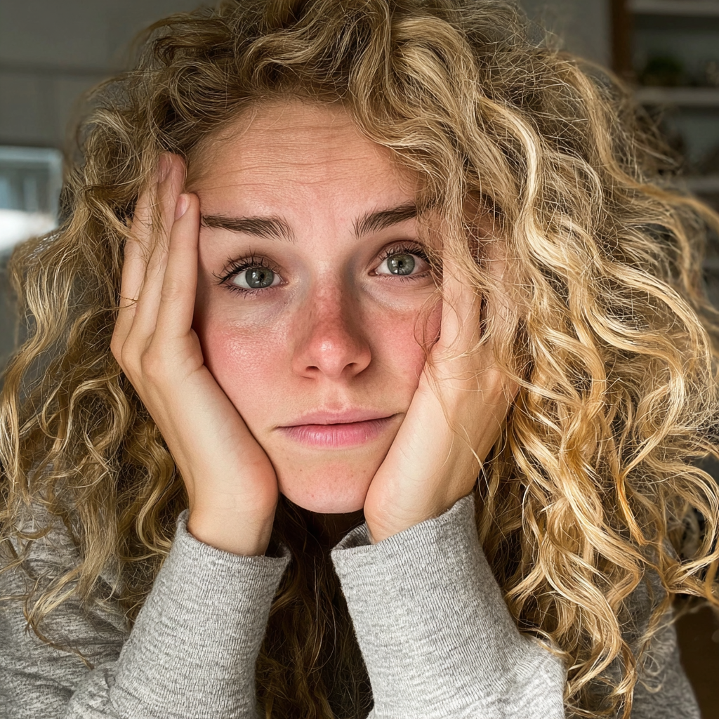 Une jeune femme le visage dans les mains | Source : Midjourney