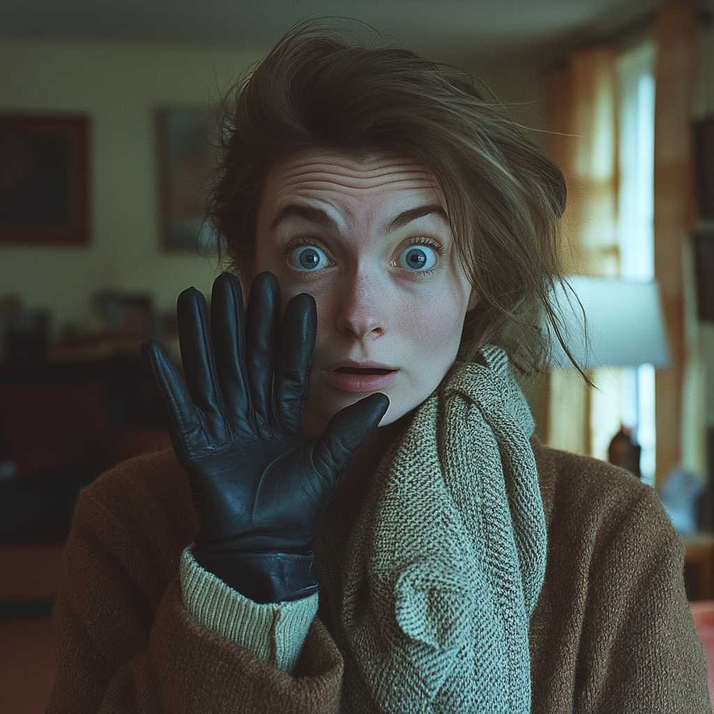 Une femme choquée qui brandit une main gantée | Source : Midjourney