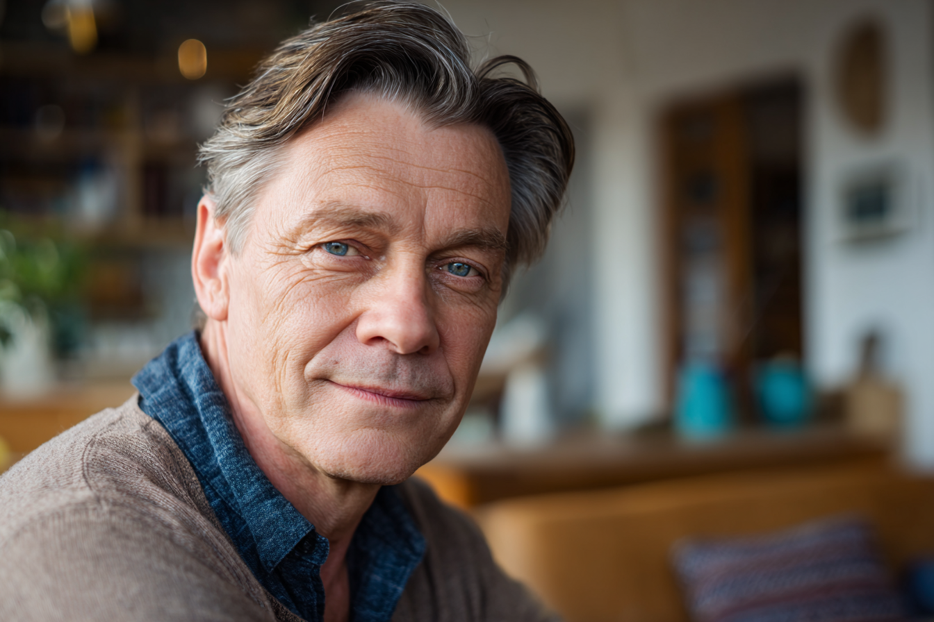 Un homme assis dans un salon | Source : Midjourney
