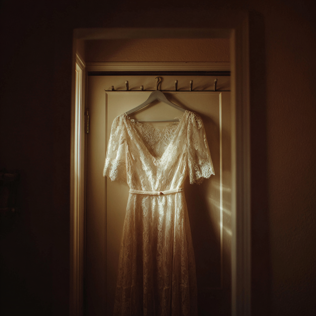 Une robe de mariée accrochée à une porte | Source : Midjourney
