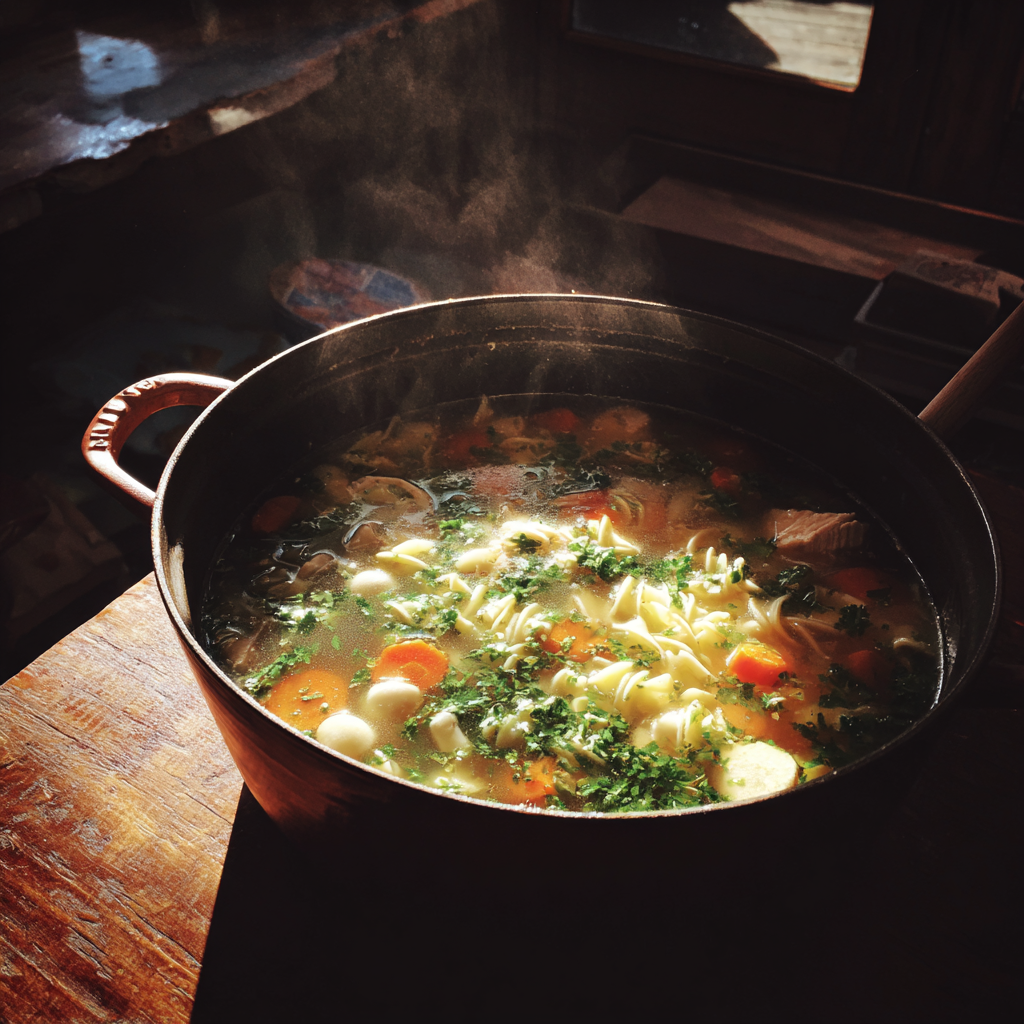 Une marmite de soupe au poulet et aux nouilles | Source : Midjourney
