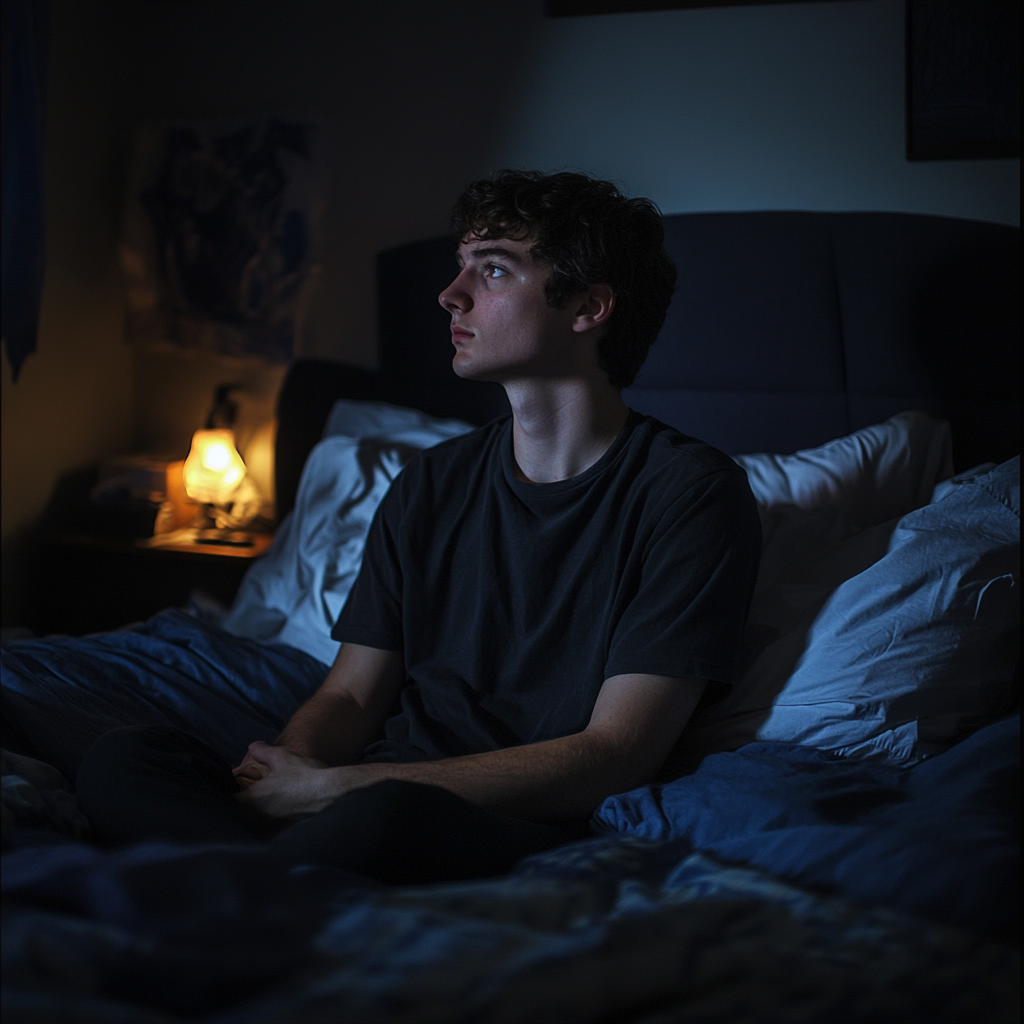 Un jeune homme assis dans son lit la nuit | Source : Midjourney
