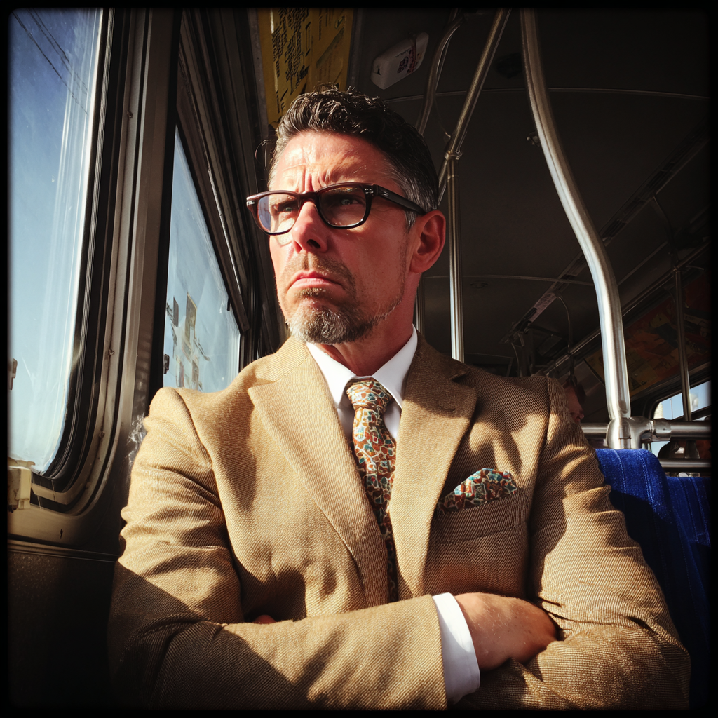 Un homme grincheux assis dans un bus | Source : Midjourney