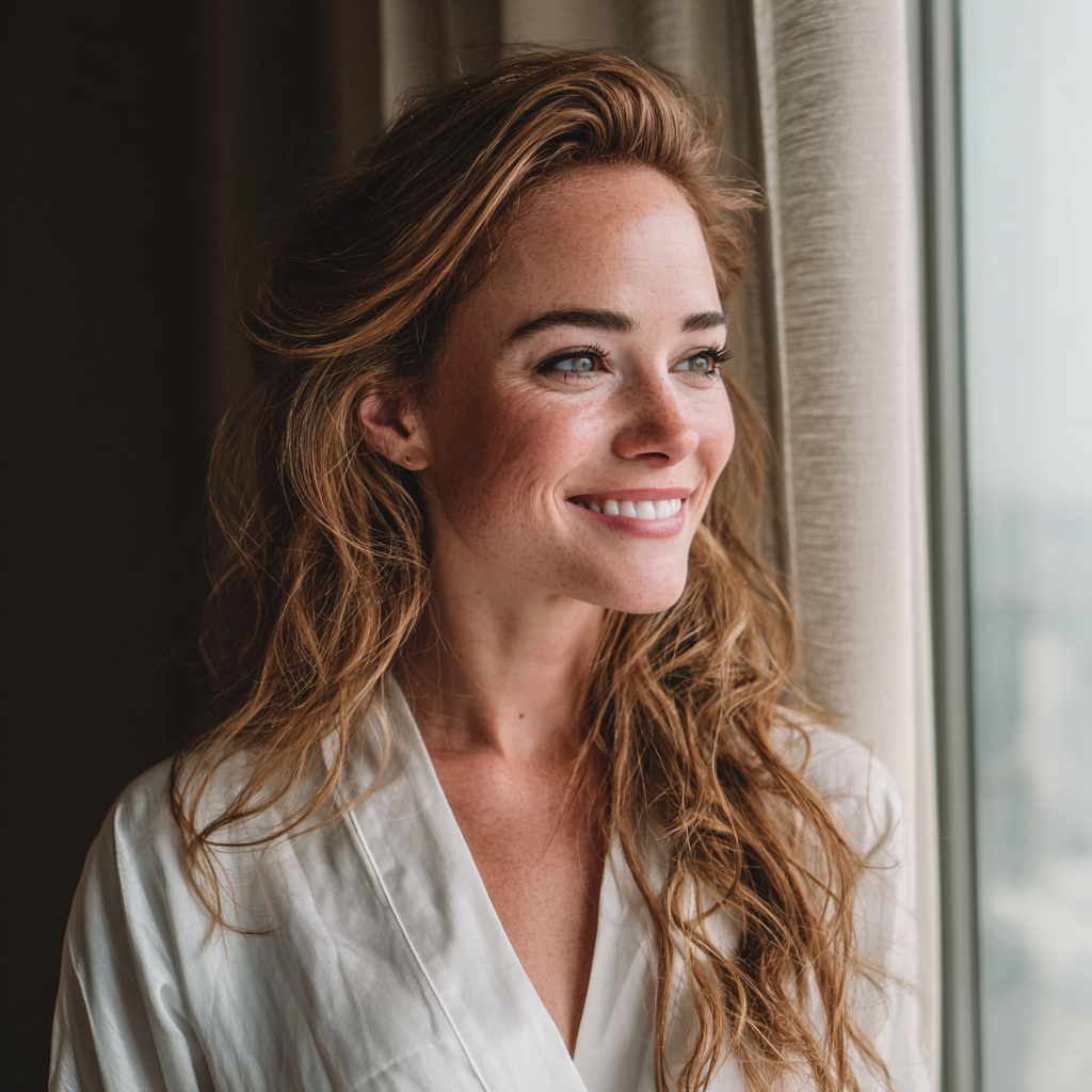 Une mariée souriante debout dans une robe de chambre blanche | Source : Midjourney