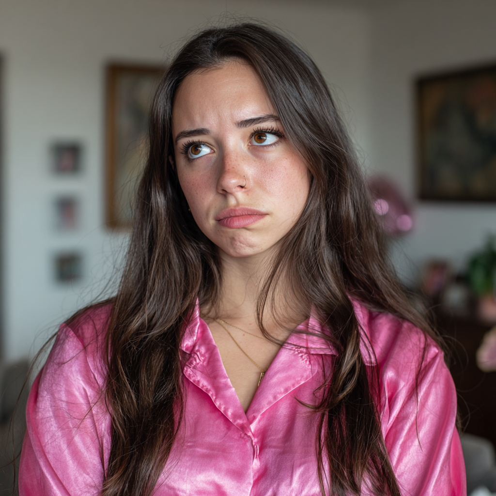 Une femme bouleversée portant un chemisier rose | Source : Midjourney