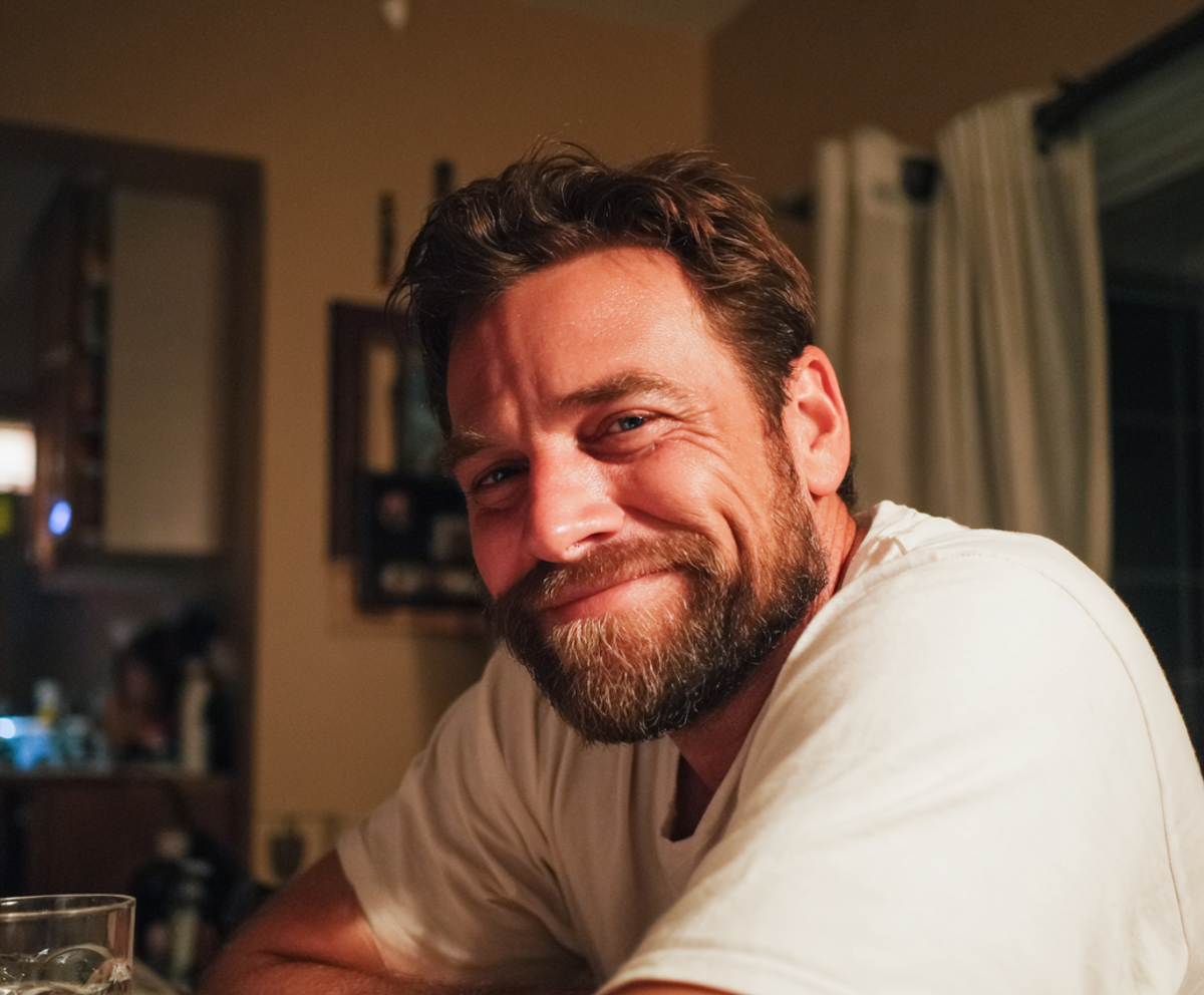 Un homme souriant assis à une table | Source : Midjourney