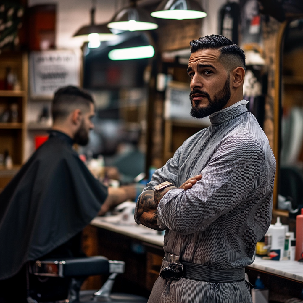 Un coiffeur sérieux avec les bras croisés | Source : Midjourney